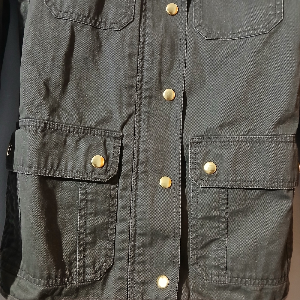 J. Crew Dark Gray Green Utility Jacket Gold Accents Snap Buttons Pockets XXS - Picture 4 of 8
